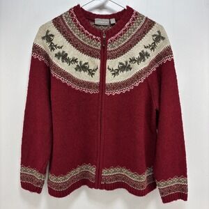 Croft & Barrow Nature Pinecones Holly Red Zip Cardigan Sweater Women's XL
